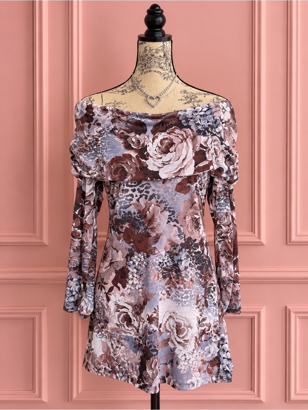 Y2K Terra Nostra Floral Off-Shoulder Long Sleeve Mini Dress